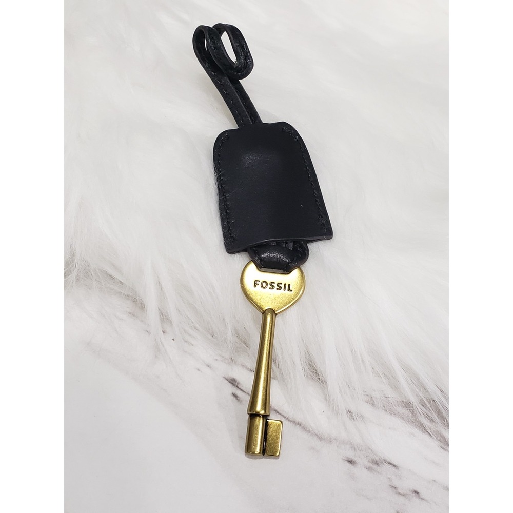 Fossil Replacement BLACK Leather Brass Key Hangtag Charm KEYCHAIN Y2K